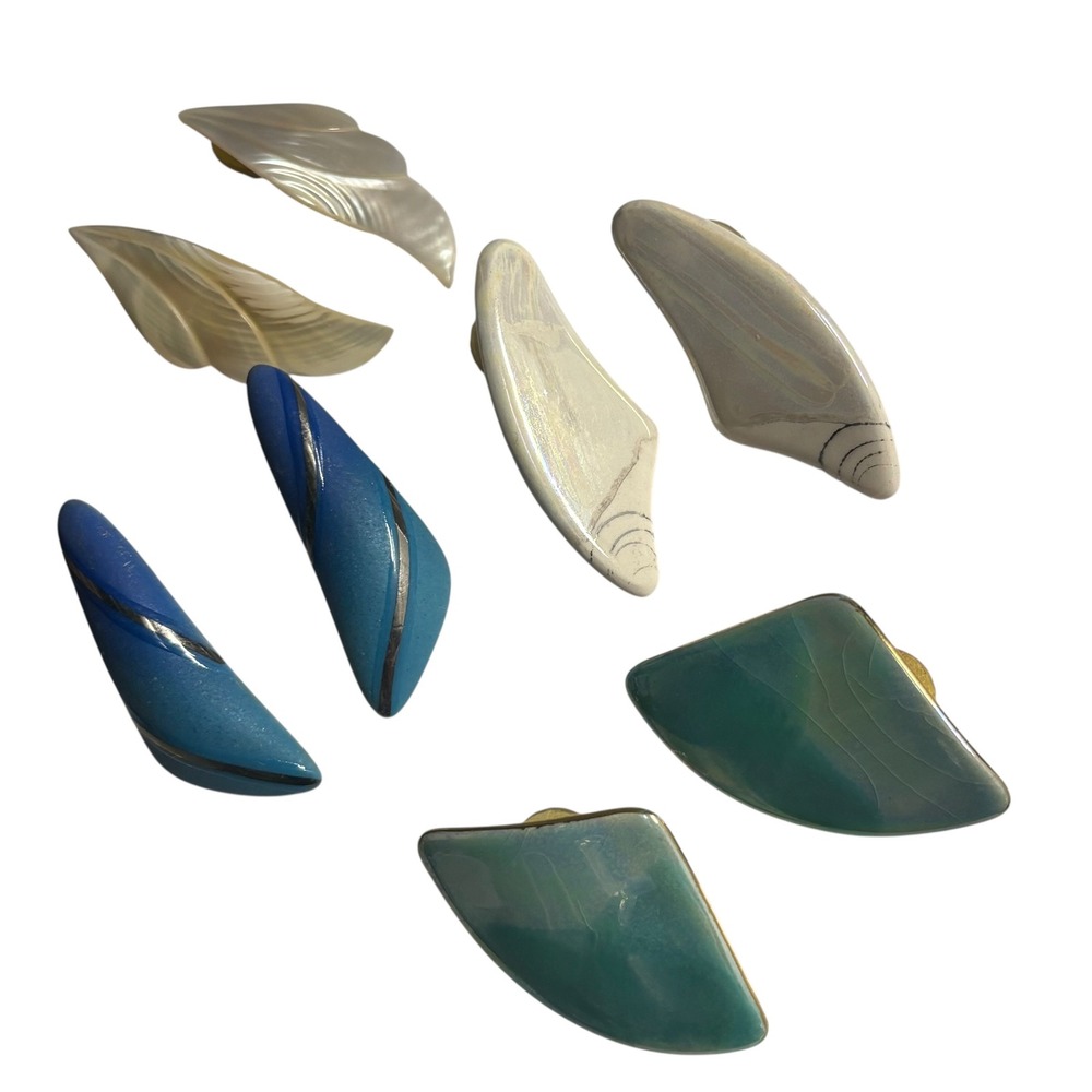 Vintage 80s Statement Earring Lot 4 Pairs Ceramic Shell Geometric Wing Fan Blue